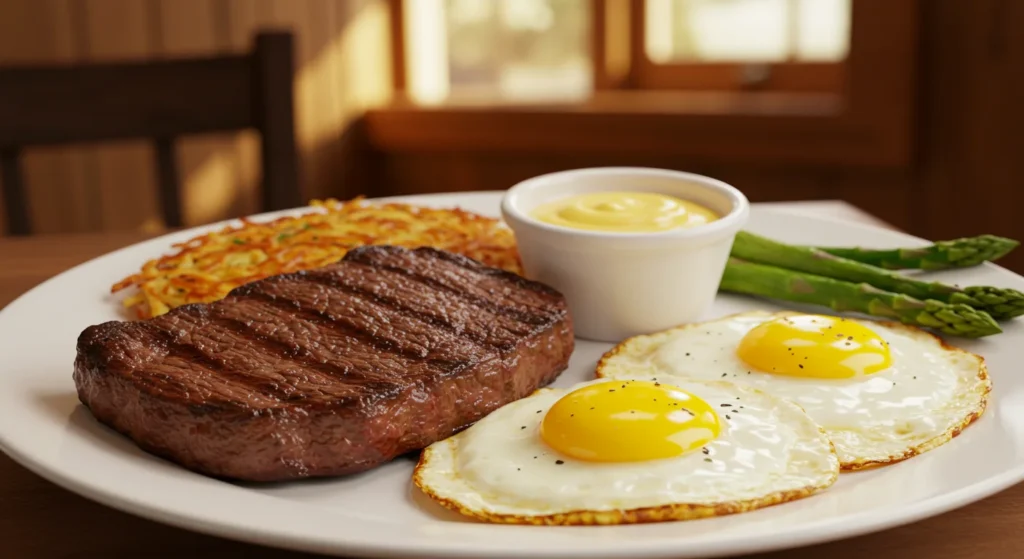 Cracker Barrel New York Strip Steak and Eggs served with crispy hashbrowns and biscuits