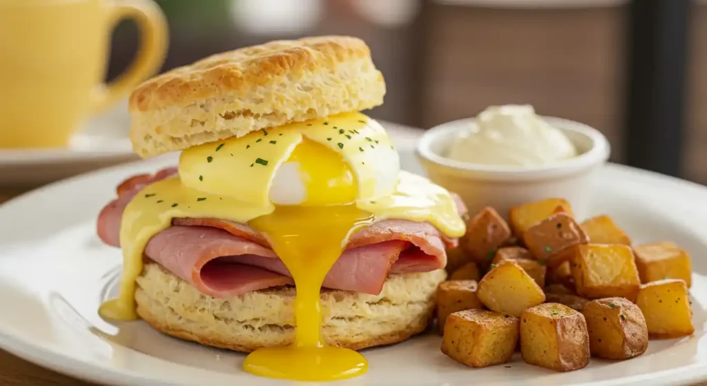 Cracker Barrel Biscuit Benedict with fluffy biscuits, poached eggs, ham, and hollandaise sauce