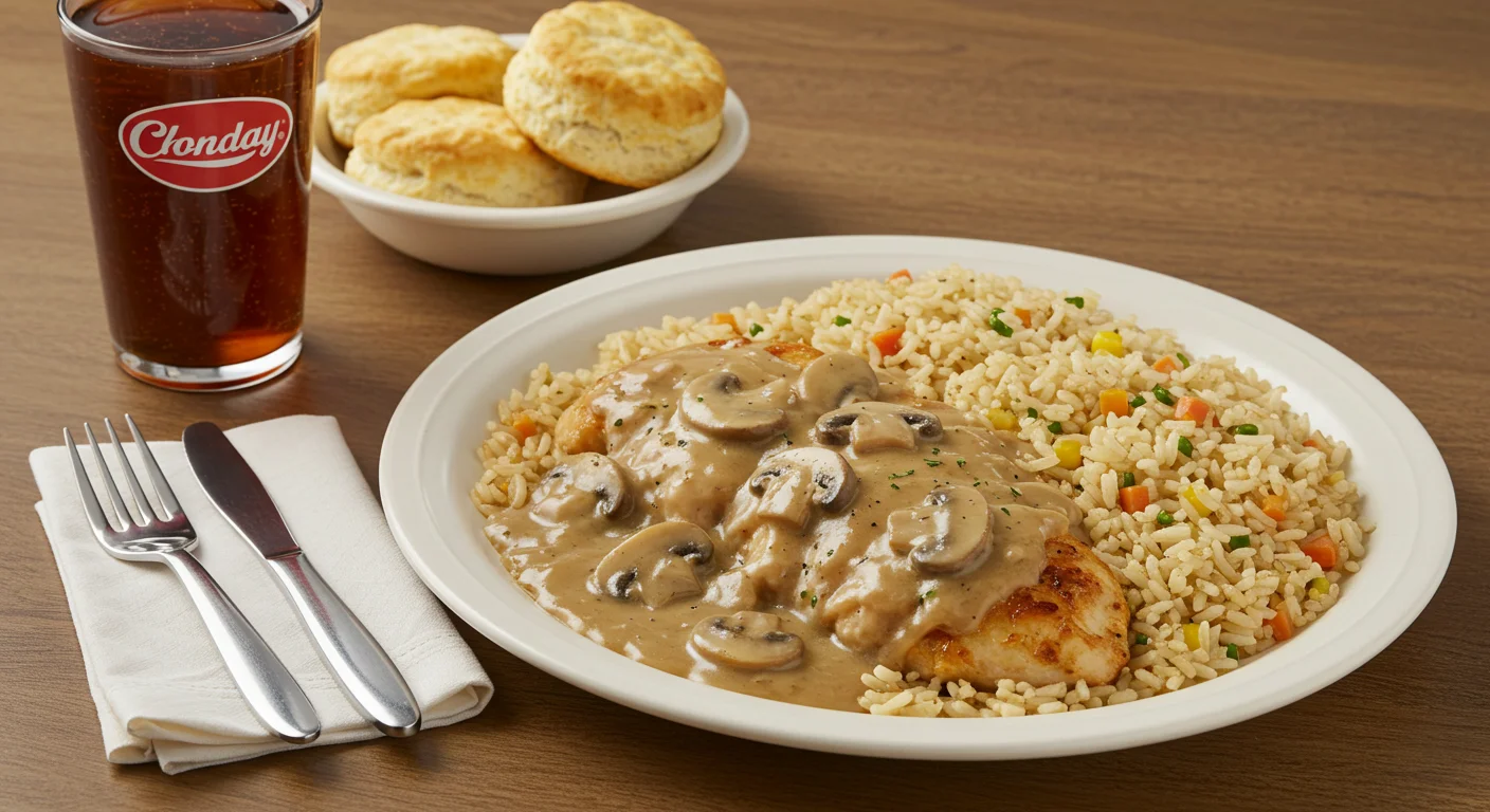 Cracker Barrel Monday's Chicken & Rice Special with tender chicken, seasoned rice, and savory gravy