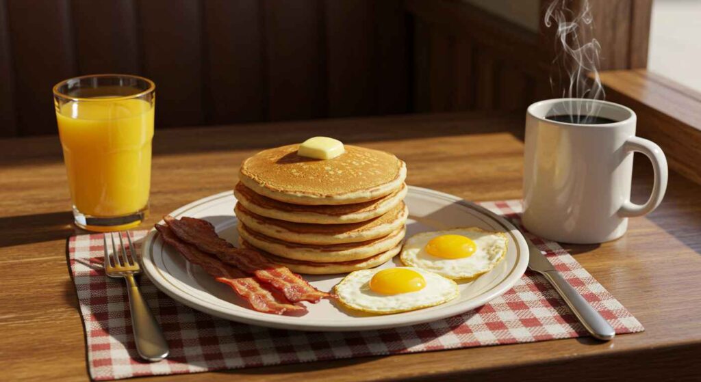 Cracker Barrel Classic Old Timer’s Breakfast with eggs, bacon or sausage, hashbrown, and biscuits