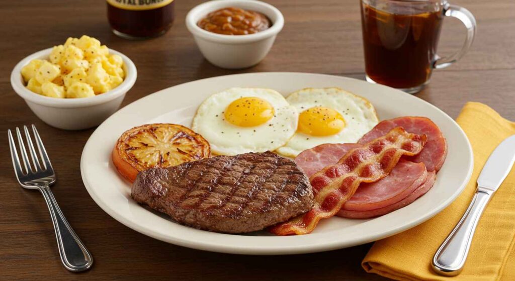 Cracker Barrel Country Boy Breakfast with steak or ham, eggs, hashbrown, and biscuits