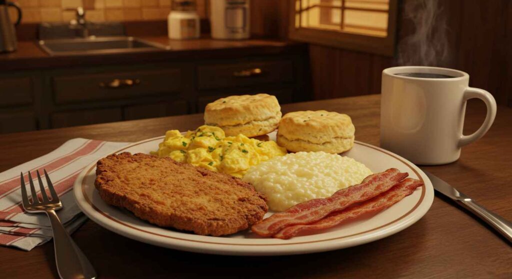 Cracker Barrel Grandpa’s Classic Country Fried Breakfast with country-fried steak or chicken, eggs, and homestyle sides