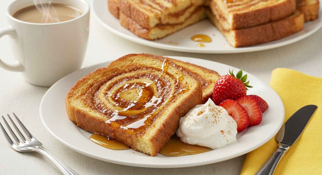 Cracker Barrel Cinnamon Swirl French Toast Delight topped with powdered sugar and warm syrup