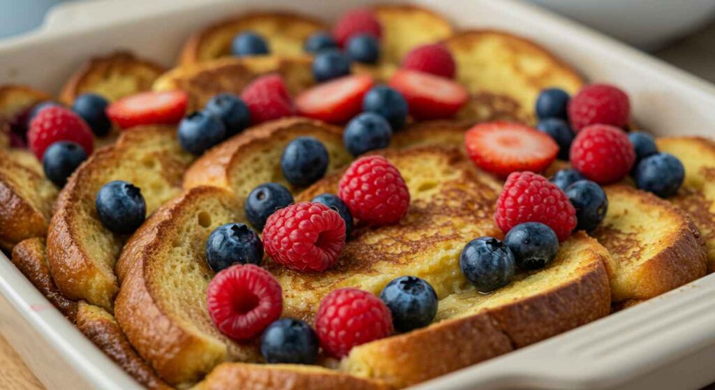 Cracker Barrel Fresh Berry French Toast Casserole topped with mixed berries and powdered sugar