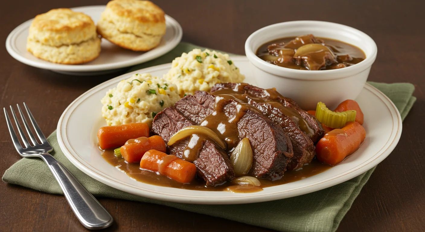 Cracker Barrel Pot Roast served with tender vegetables and savory gravy