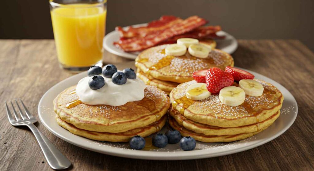 Cracker Barrel Grandma’s Classic Pancake Sampler with fluffy pancakes, eggs, bacon, and sausage