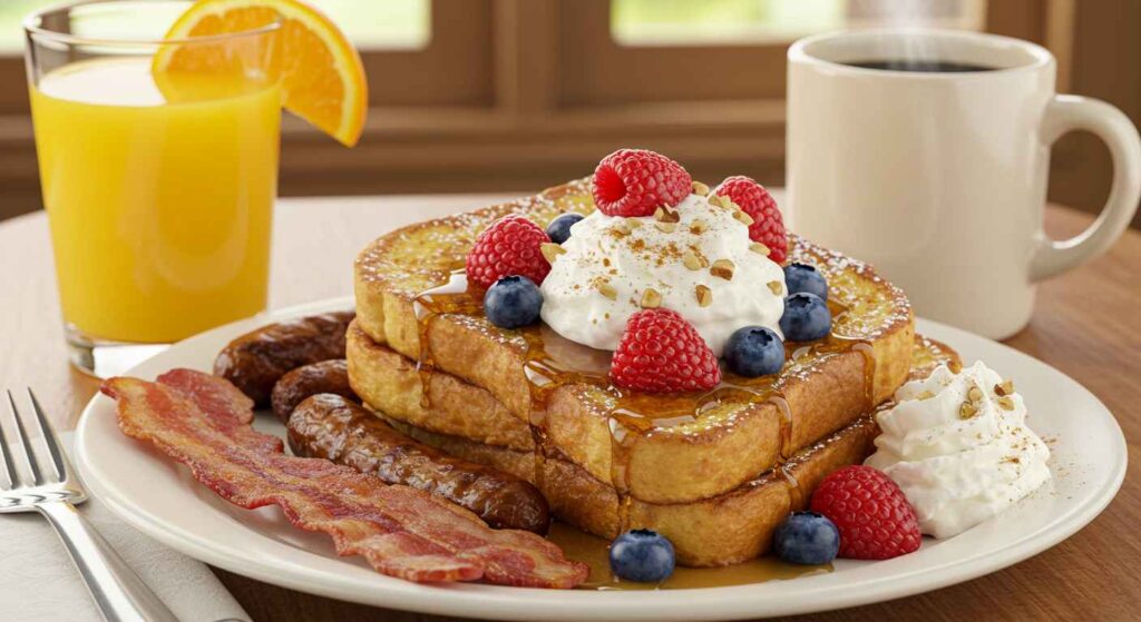 Cracker Barrel Grandma’s French Toast Sampler with golden French toast, eggs, bacon, and sausage
