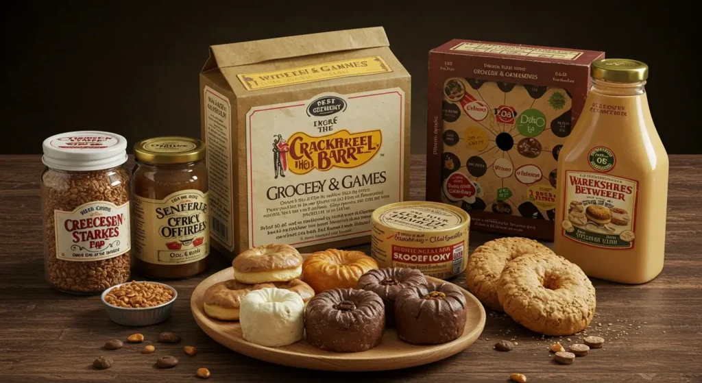 Cracker Barrel Grocery & Games section featuring nostalgic pantry items and classic games