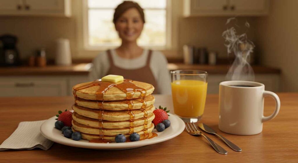 Cracker Barrel Momma’s Classic Pancake Breakfast with fluffy pancakes, eggs, and bacon or sausage