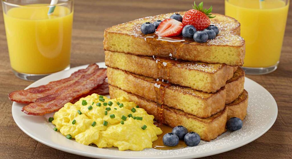 Cracker Barrel Momma’s Homestyle French Toast Breakfast with golden French toast, eggs, and bacon or sausage