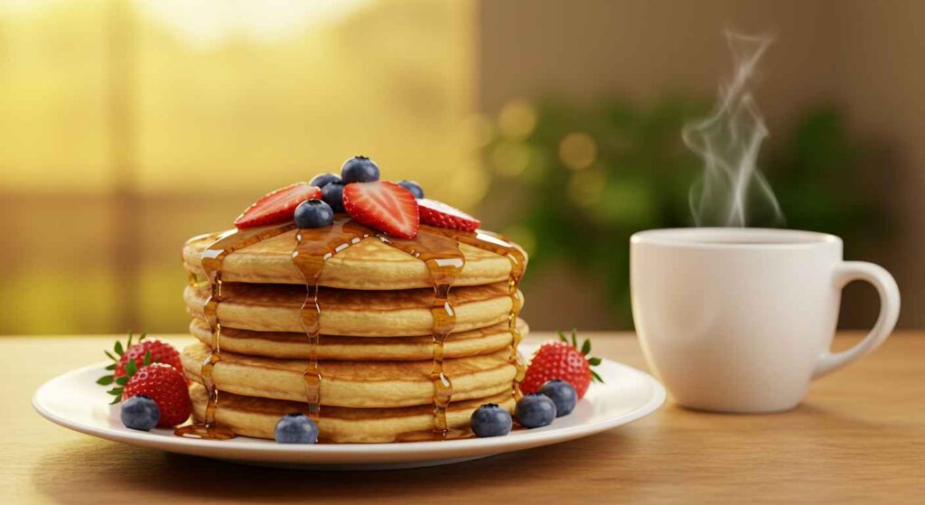 Cracker Barrel Sunrise Pancake Delight with fluffy pancakes, fresh fruit, and warm syrup