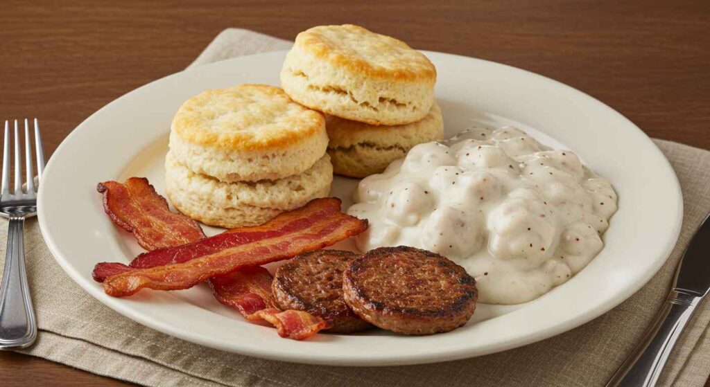 Cracker Barrel Biscuits & Gravy with crispy bacon or savory sausage
