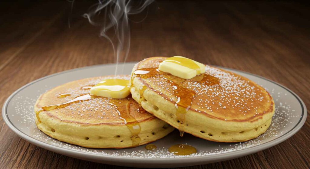 Cracker Barrel Stack of Two Buttermilk Pancakes, fluffy and golden-brown with butter and syrup