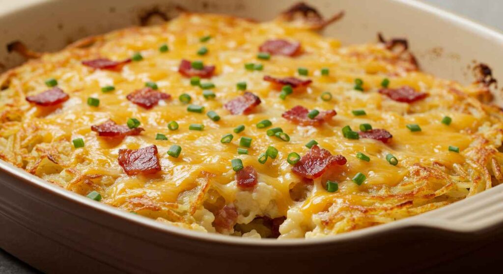 Cracker Barrel Loaded Hash Brown Casserole, topped with melted cheese, crispy bacon, and green onions