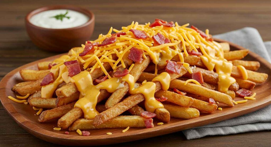 Cracker Barrel Loaded Seasoned Steak Fries, topped with melted cheese, crispy bacon, and green onions