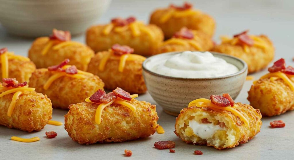 Cracker Barrel Loaded Hash Brown Casserole Tots, crispy, cheesy, and topped with bacon and green onions