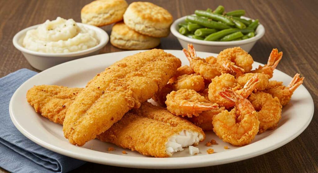Cracker Barrel Friday Country Coastal Sampler with crispy fried fish, shrimp, and hushpuppies