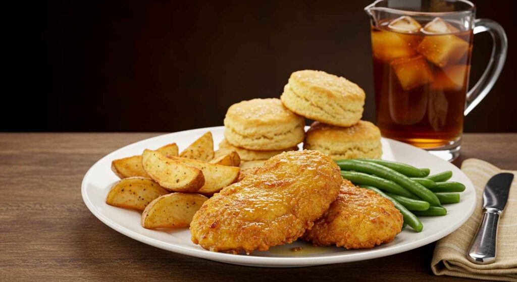 Cracker Barrel Homestyle Chicken, crispy hand-breaded fried chicken served with classic sides