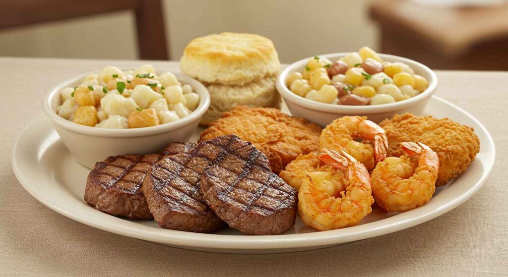 Cracker Barrel Tips, Tenders & Shrimp Platter with beef tips, crispy chicken tenders, and fried shrimp