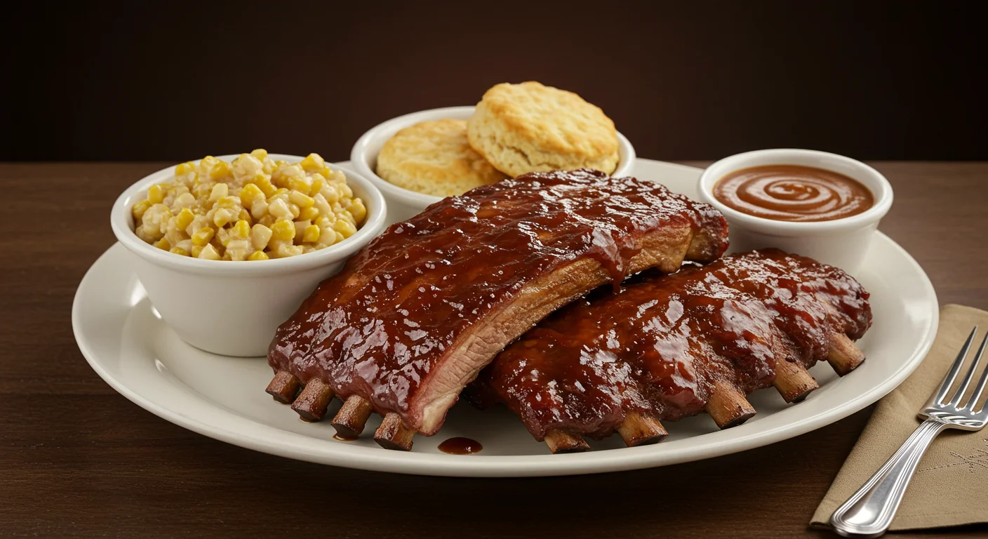 Cracker Barrel Saturday BBQ Ribs Special with tender, smoky ribs glazed in BBQ sauce and served with classic sides