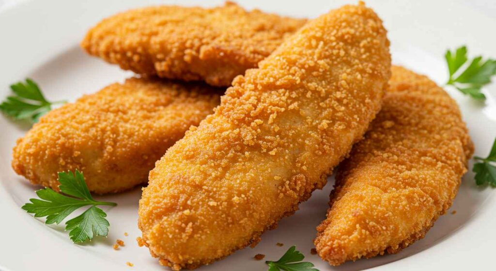Cracker Barrel Hand-Breaded Crispy Chicken Tenders, golden brown and served with dipping sauce