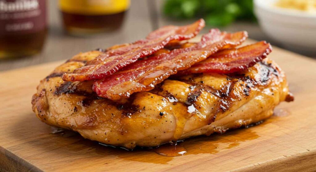 Cracker Barrel Maple Bacon Glazed Grilled Chicken topped with crispy bacon and sweet maple glaze